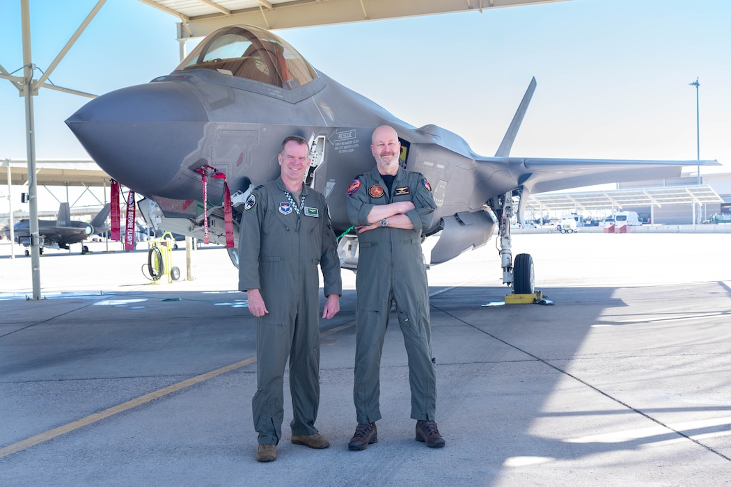 Royal Netherlands Air Force Lt. Col. Joseph Luijsterburg, RNLAF senior representative at the 308th Fighter Squadron and Maj. Gen. Robert Adang, RNLAF deputy commander, pose for a photo in front of a F35A Lightning II, Mar. 3, 2026, at Luke Air Force Base, Arizona.