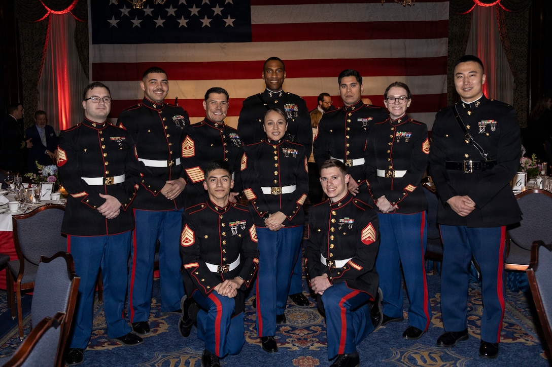 U.S. Marines with Marine Corps Recruiting Station Chicago, pose for a photo at the Union League Club of Chicago’s annual George Washington Birthday Celebration, in Chicago, Illinois, Feb.19, 2026. The club hosts the event annually to honor the United States’ first commander in chief and president, George Washington. (U.S. Marine Corps photo by Sgt. Dalton J. Payne)