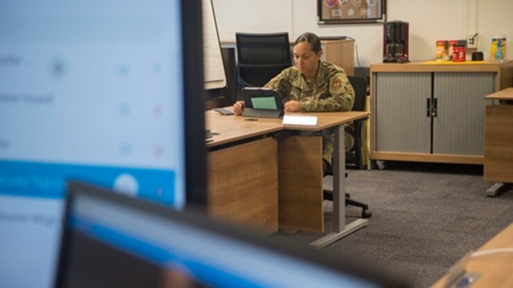 Senior Master Sgt. Jasmine Howll, Kisling Noncommissioned Officer Academy director of education, tests the virtual platforms for the upcoming online professional military education course at Kapaun Air Station, Germany, June 12, 2020. The Academy cadre devoted three months in professional development training so they could tailor the curriculum to an online format.