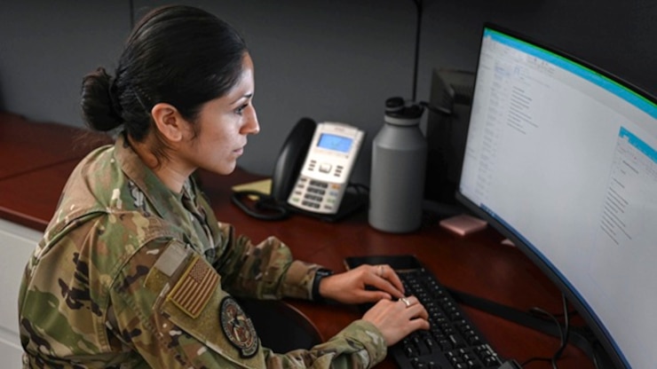 U.S. Air Force Airman 1st Class Jessica Wilkins, 33rd Fighter Wing administrative assistant, responds to an email May 26, 2021, at Eglin Air Force Base, Florida. Wilkins supports the Academic Training Center and the commander’s executive support section for the 33rd FW. (U.S. Air Force photo by Airman Leandra Garcia)