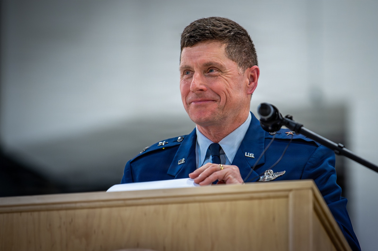 Photo of Maj. Gen. Henry Harder Jr., Adjutant General of the Vermont National Guard, giving a speech during a change of command ceremony at the Vermont Air National Guard Base, South Burlington, Vermont, March 7, 2026.