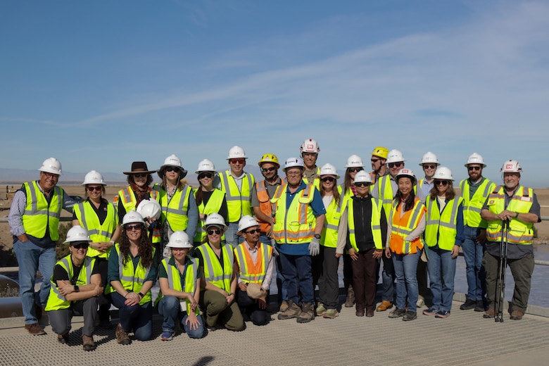 U.S. Army Corps of Engineers senior leaders join California state agency partners and contractor personnel to pose for a group photo Feb. 24 at the Salton Sea Species Conservation Habitat. The Species Conservation Habitat project mixes inflow waters from the New River with Salton Sea waters by spreading them over 10,000 acres of constructed wetlands to foster a suitable habitat for maintaining aquatic and avian wildlife while simultaneously minimizing exposed playa and corresponding dust storms.