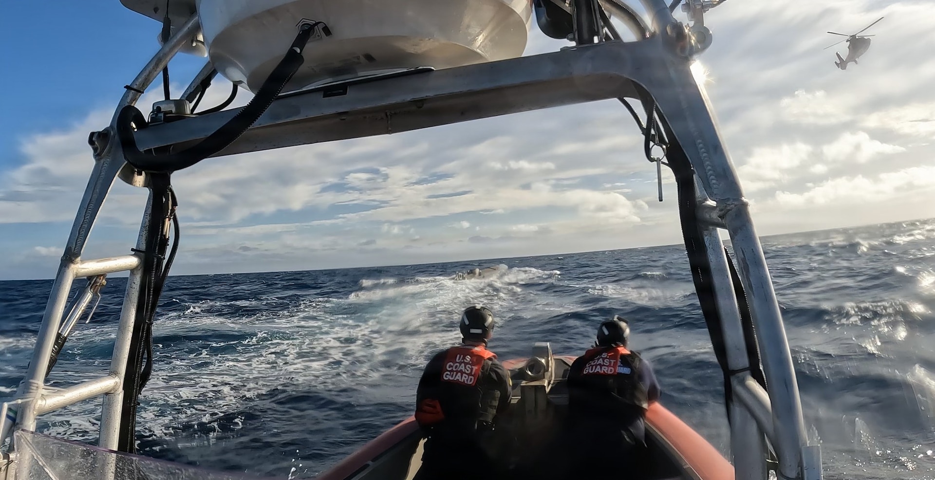 The U.S. Coast Guard Cutter Forward’s Over-the-Horizon cutter boat makes approaches a Self-Propelled Semi-Submersible in the Eastern Pacific Ocean, February 24, 2026. (U.S. Coast Guard courtesy photo)