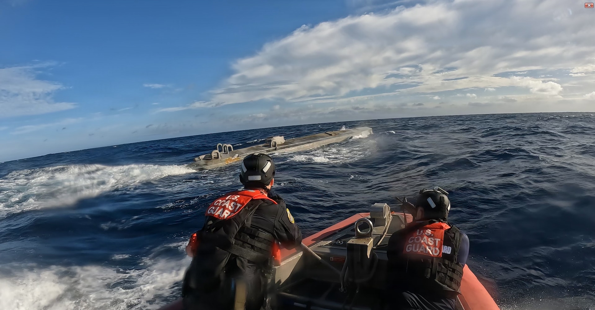 The U.S. Coast Guard Cutter Forward’s Over-the-Horizon cutter boat approaches a Self-Propelled Semi-Submersible in the Eastern Pacific Ocean, February 24, 2026. (U.S. Coast Guard courtesy photo)