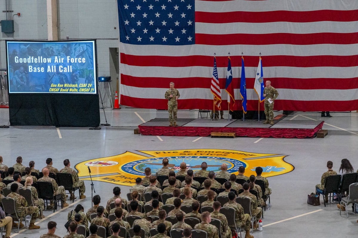 U.S. Air Force Chief of Staff Gen. Ken Wilsbach and Chief Master Sgt. of the Air Force David Wolfe speak during the CSAF/CMSAF All-Call at Goodfellow Air Force Base, Texas, March 10, 2026.