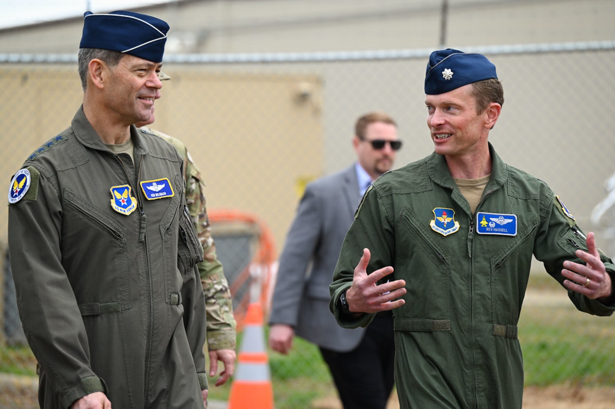 Air Force Chief of Staff Gen. Ken Wilsbach and Chief Master Sgt. of the Air Force David Wolfe tour facilities at Ebbing Air National Guard Base, Ark., March 9, 2026. The walking tour provided a firsthand look at the infrastructure and operations supporting the joint efforts of the 188th Wing and the 33rd Fighter Wing's F-35 training mission.