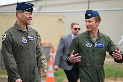 Air Force Chief of Staff Gen. Ken Wilsbach and Chief Master Sgt. of the Air Force David Wolfe tour facilities at Ebbing Air National Guard Base, Ark., March 9, 2026. The walking tour provided a firsthand look at the infrastructure and operations supporting the joint efforts of the 188th Wing and the 33rd Fighter Wing's F-35 training mission.