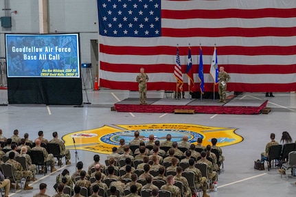 U.S. Air Force Chief of Staff Gen. Ken Wilsbach and Chief Master Sgt. of the Air Force David Wolfe speak during the CSAF/CMSAF All-Call at Goodfellow Air Force Base, Texas, March 10, 2026.