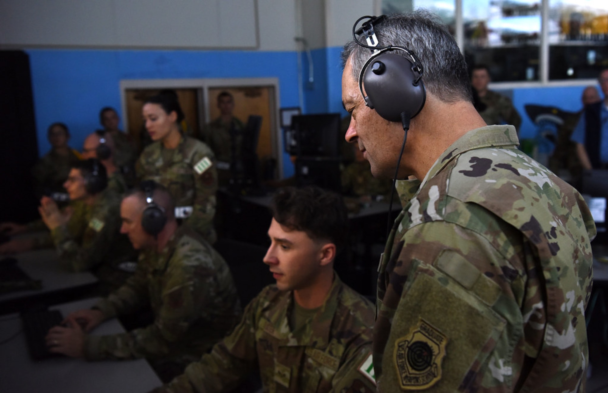 United States Air Force Chief of Staff Gen. Ken Wilsbach and Chief Master Sgt. of the Air Force David Wolfe listen to foreign language intercepts while touring the 17th Training Group’s cryptologic training facilities at Goodfellow Air Force Base, Texas, March 10, 2026.