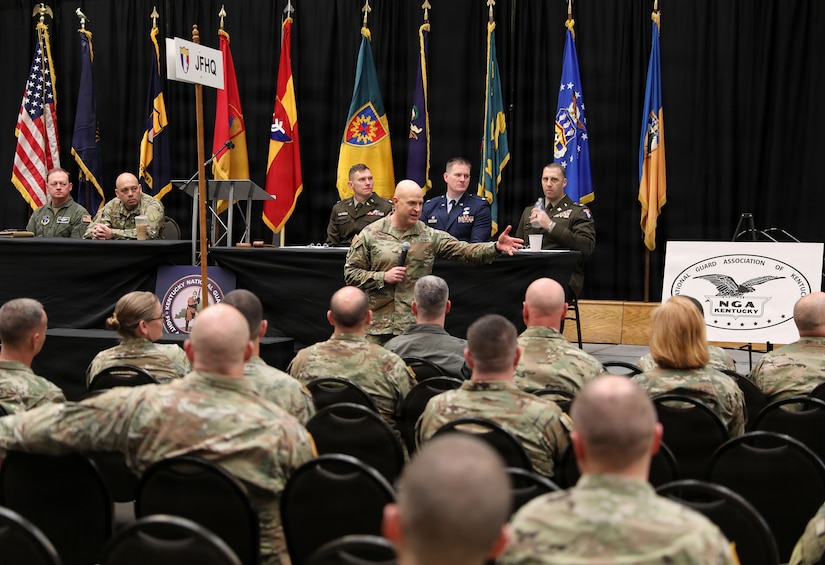 U.S. Army Lt. Gen. Jonathan Stubbs, director of the Army National Guard, shares his leadership philosophy with Kentucky Guardsmen at the 2026 National Guard Association of Kentucky conference at the Sloan Convention Center in Bowling Green, Ky., Feb. 28, 2026.