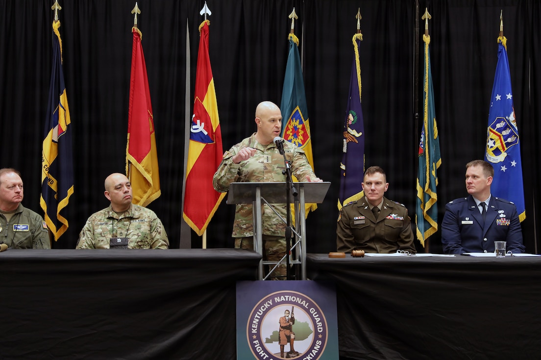 U.S. Army Lt. Gen. Jonathan Stubbs, director of the Army National Guard, shares his leadership philosophy with Kentucky Guardsmen at the 2026 National Guard Association of Kentucky conference at the Sloan Convention Center in Bowling Green, Ky., Feb. 28, 2026.