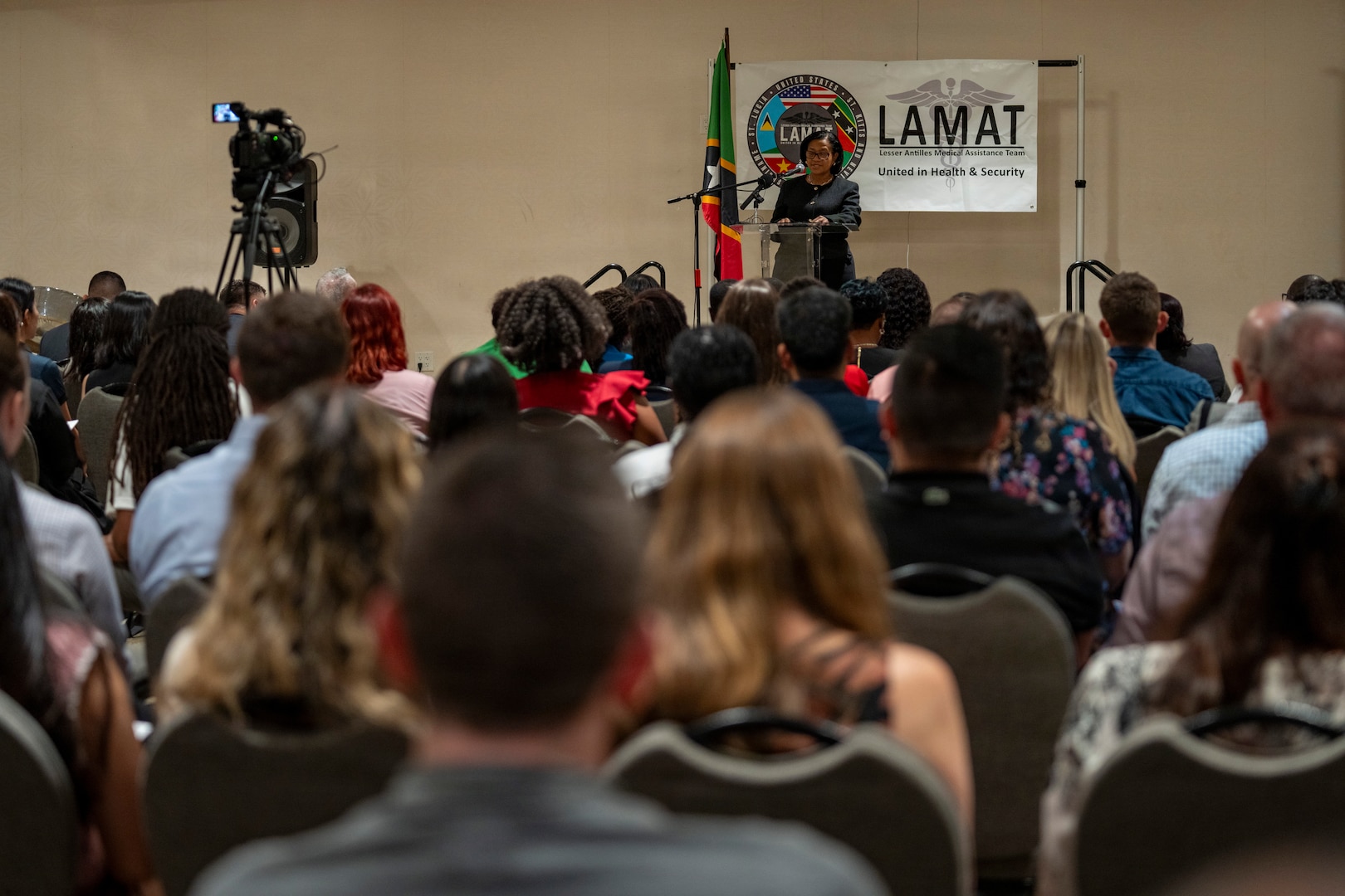Dr. Hazel Laws, chief medical officer for Saint Kitts and Nevis, speaks during the Lesser Antilles Medical Assistance Team (LAMAT) 2026 closing ceremony in Frigate Bay, Saint Kitts and Nevis, March 6, 2026. The engagement supported patient care and professional collaboration between local healthcare providers and U.S. Air Force medical personnel. (U.S. Air Force photo by Andrea Jenkins)