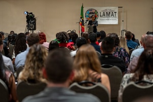 Dr. Hazel Laws, chief medical officer for Saint Kitts and Nevis, speaks during the Lesser Antilles Medical Assistance Team (LAMAT) 2026 closing ceremony in Frigate Bay, Saint Kitts and Nevis, March 6, 2026. The engagement supported patient care and professional collaboration between local healthcare providers and U.S. Air Force medical personnel. (U.S. Air Force photo by Andrea Jenkins)