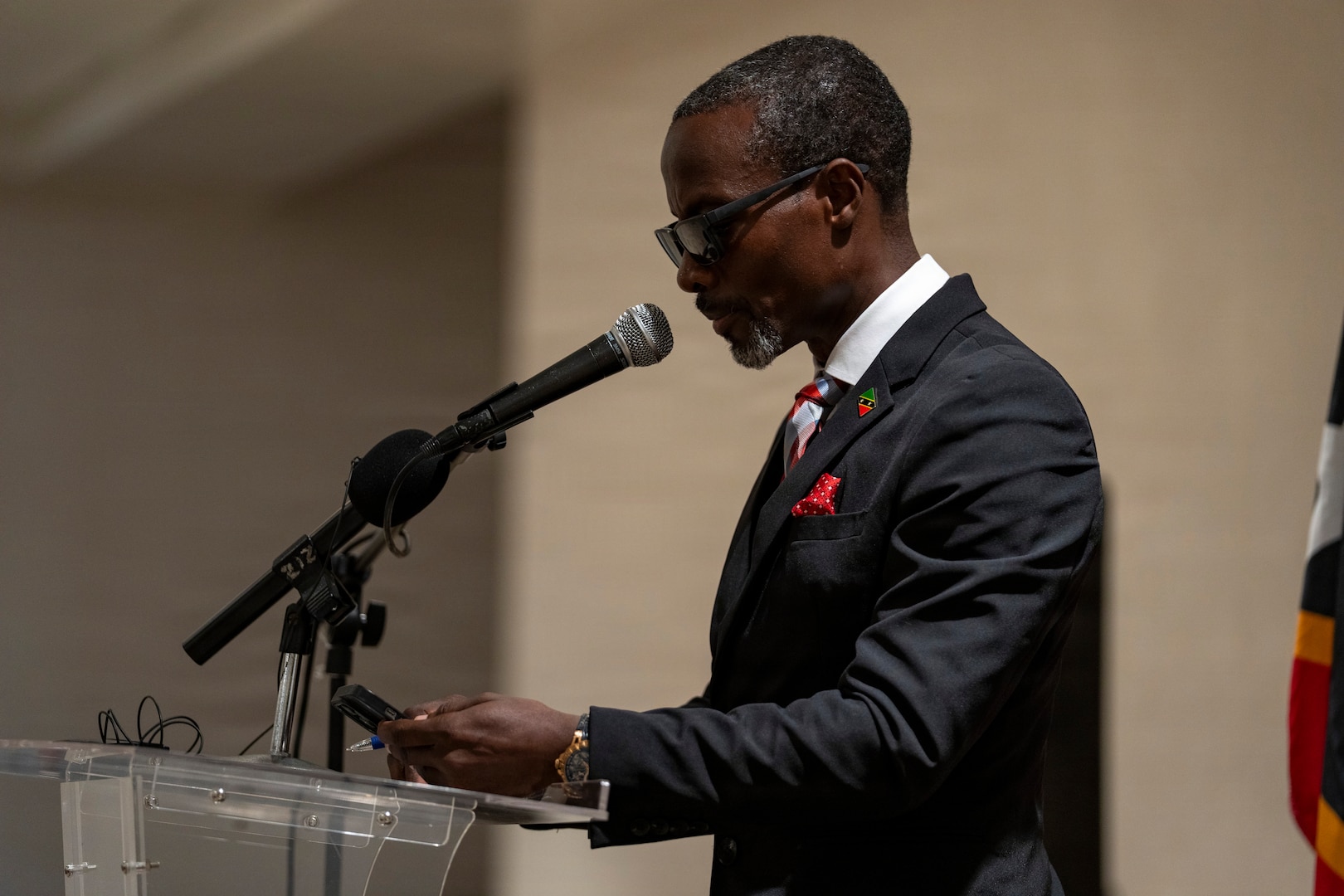 Mr. Curtis Martin, permanent secretary for the Ministry of Health in Saint Kitts and Nevis, delivers closing remarks during the Lesser Antilles Medical Assistance Team (LAMAT) 2026 ceremony in Frigate Bay, Saint Kitts and Nevis, March 6, 2026. The two-week engagement brought U.S. and host-nation medical professionals together to support patient care while reinforcing trusted partnerships across St. Kitts and Nevis. (U.S. Air Force photo by Andrea Jenkins)
