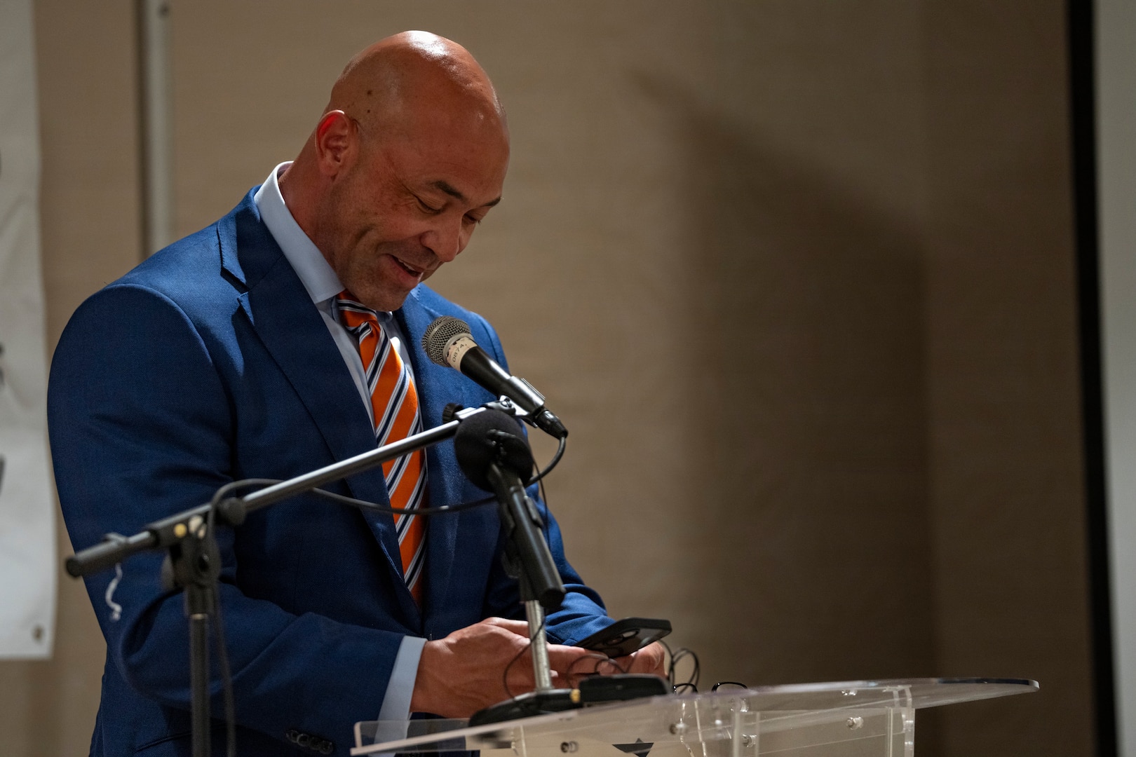 U.S. Air Force Reserve Lt. Col. Barry Davis, Lesser Antilles Medical Assistance Team (LAMAT) 2026 mission commander and general surgeon with the 926th Aerospace Medicine Squadron, speaks during the closing ceremony in Frigate Bay, Saint Kitts and Nevis, March 6, 2026. Davis worked alongside Ministry of Health medical professionals during the two-week engagement while overseeing U.S. medical teams operating across the federation. (U.S. Air Force photo by Andrea Jenkins)