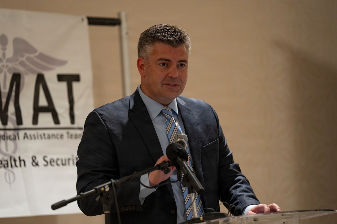 U.S. Air Force Col. Brian Gavitt, Air Forces Southern command surgeon, delivers remarks during the Lesser Antilles Medical Assistance Team (LAMAT) 2026 closing ceremony in Frigate Bay, Saint Kitts and Nevis, March 6, 2026. Missions like LAMAT strengthen military medical readiness while reinforcing trusted partnerships across the Caribbean.  (U.S. Air Force photo by Andrea Jenkins)
