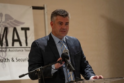 U.S. Air Force Col. Brian Gavitt, Air Forces Southern command surgeon, delivers remarks during the Lesser Antilles Medical Assistance Team (LAMAT) 2026 closing ceremony in Frigate Bay, Saint Kitts and Nevis, March 6, 2026. Missions like LAMAT strengthen military medical readiness while reinforcing trusted partnerships across the Caribbean.  (U.S. Air Force photo by Andrea Jenkins)
