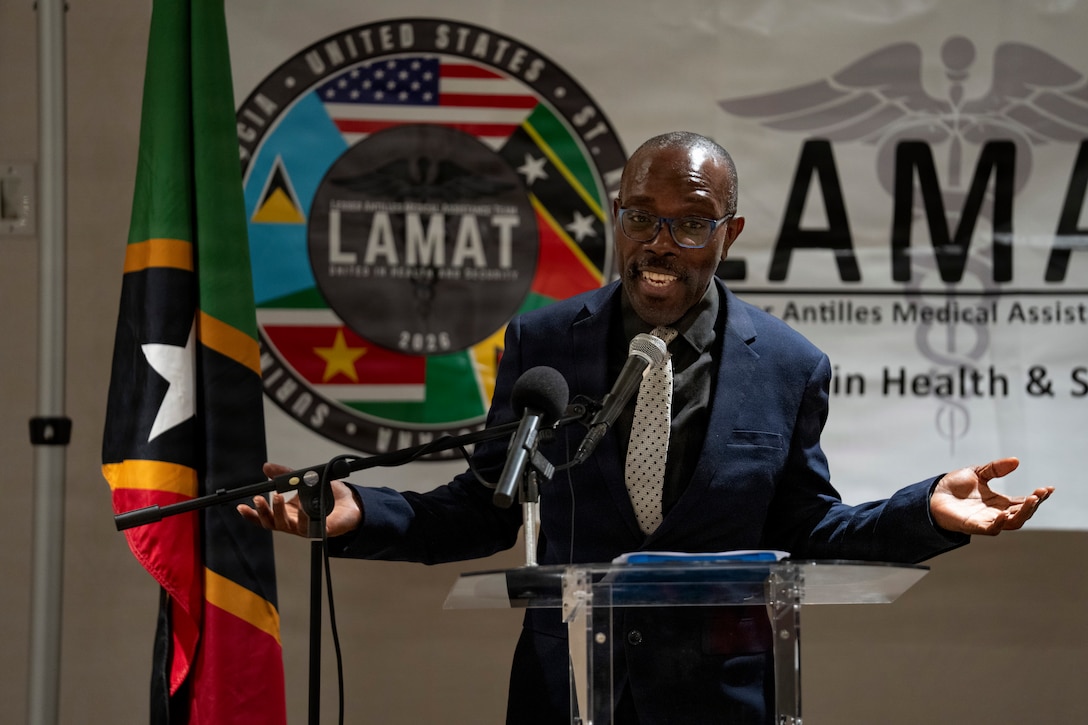 Mr. Michael Penny, senior foreign service officer with the Ministry of Foreign Affairs for Saint Kitts and Nevis, delivers remarks during the Lesser Antilles Medical Assistance Team (LAMAT) 2026 closing ceremony in Frigate Bay, Saint Kitts and Nevis, March 6, 2026. LAMAT 2026 strengthened collaboration between U.S. Air Force medical personnel and Ministry of Health providers across hospitals, clinics and community outreach events throughout the federation.  (U.S. Air Force photo by Andrea Jenkins)