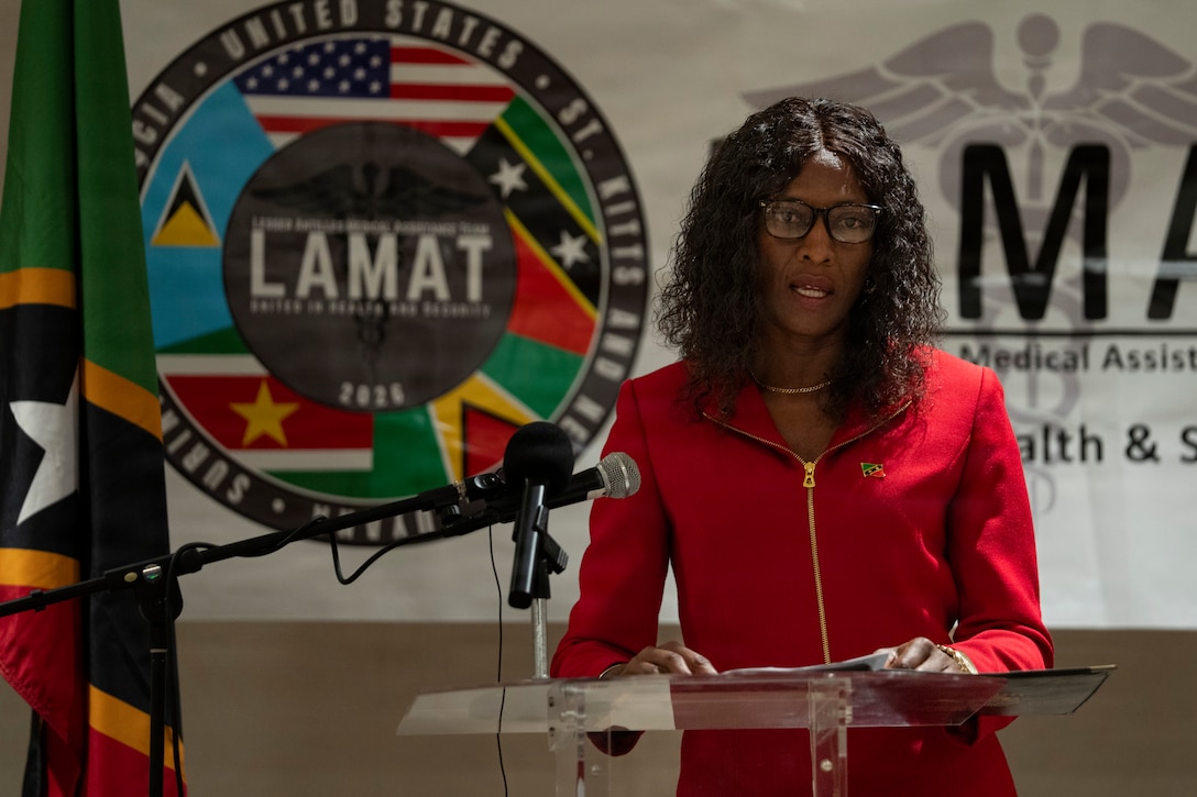 Ms. Shelisa Martin-Clarke, permanent secretary for the Ministry of Health with the Nevis Island Administration, delivers remarks during the Lesser Antilles Medical Assistance Team (LAMAT) 2026 closing ceremony in Frigate Bay, Saint Kitts and Nevis, March 6, 2026. LAMAT 2026 strengthened collaboration between U.S. Air Force medical teams and Ministry of Health providers across hospitals and clinics on St. Kitts and Nevis.  (U.S. Air Force photo by Andrea Jenkins)