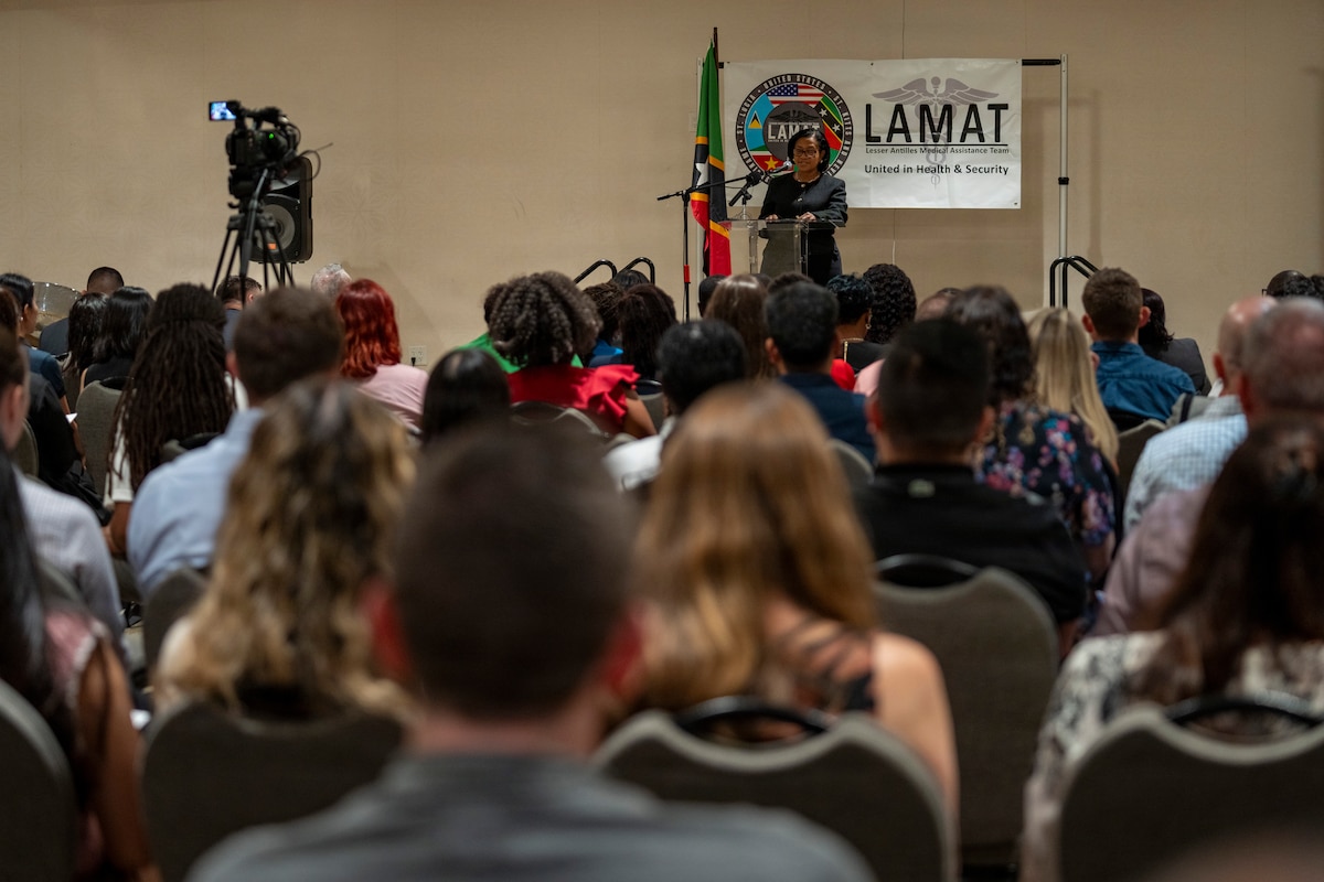 Dr. Hazel Laws, chief medical officer for Saint Kitts and Nevis, speaks during the Lesser Antilles Medical Assistance Team (LAMAT) 2026 closing ceremony in Frigate Bay, Saint Kitts and Nevis, March 6, 2026. The engagement supported patient care and professional collaboration between local healthcare providers and U.S. Air Force medical personnel. (U.S. Air Force photo by Andrea Jenkins)