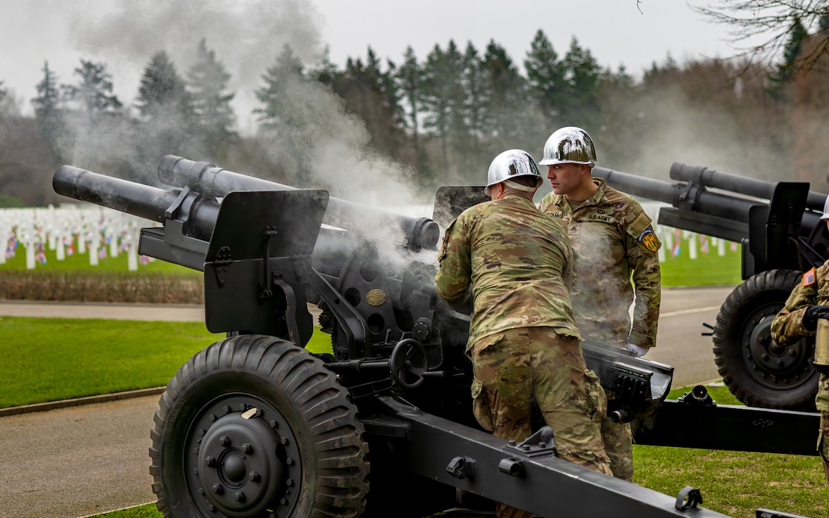 Military Police from the 529th Military Police Company, set up and practiced firing cannons in preparation for the 80th Anniversary Ceremony of the Battle of the Bulge.