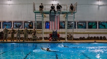 U.S. Marines perform water survival strokes during the Water Survival Advanced Course at Ramer Hall on Marine Corps Base Quantico, Virginia, Jan. 22, 2026. The week-long Water Survival Advanced course challenges Marines’ physical and mental limits through aquatic endurance training, including long swims, breath holds, and complex rescue drills vital to amphibious operations. (U.S. Marine Corps photo by Lance Cpl. Donovan E. Melendez)