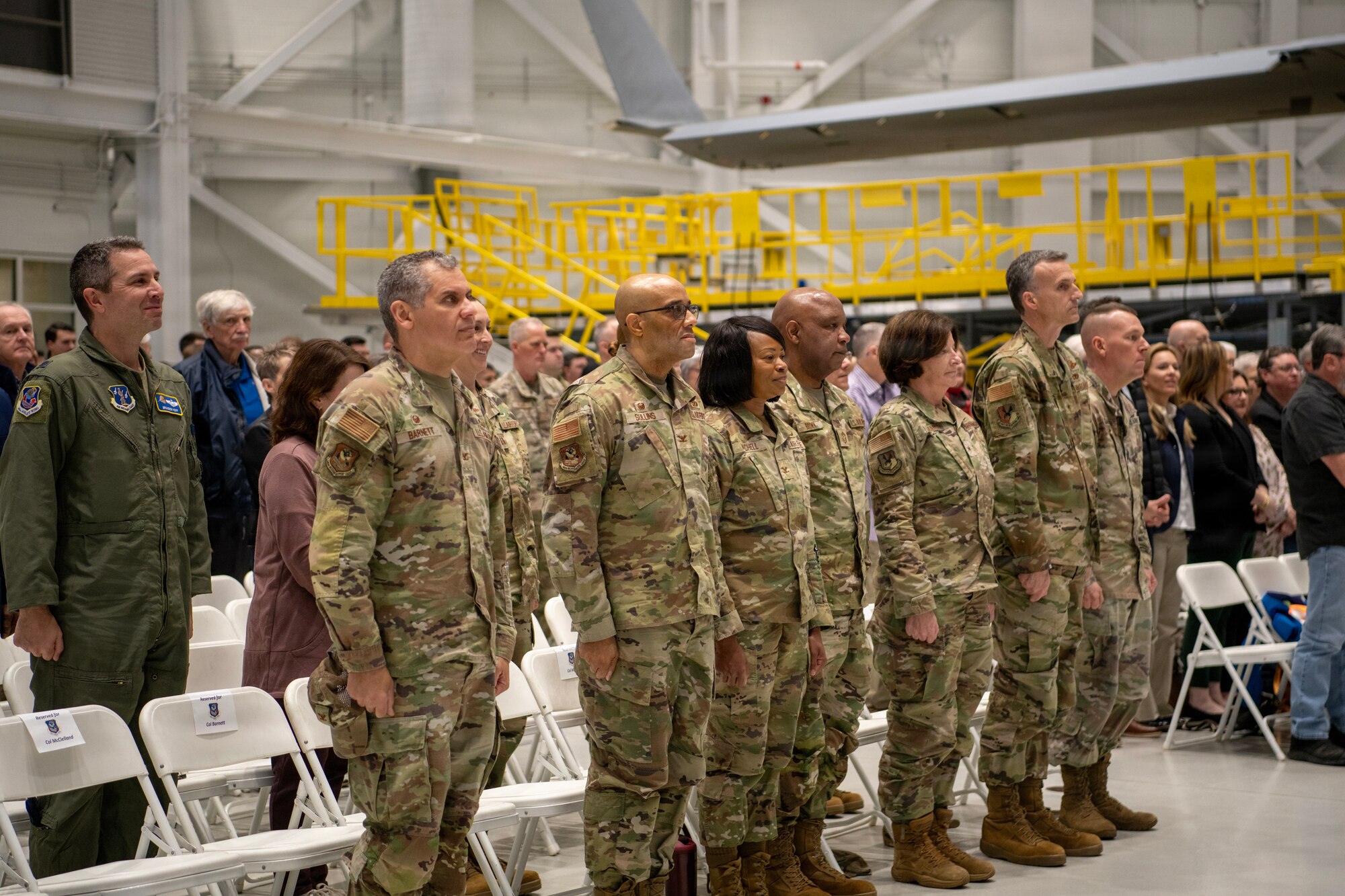 Members of the North Carolina Air National Guard attend the 145th Airlift Wing command chief change of responsibility ceremony held at the Charlotte Air National Guard base, Feb. 27, 2026.