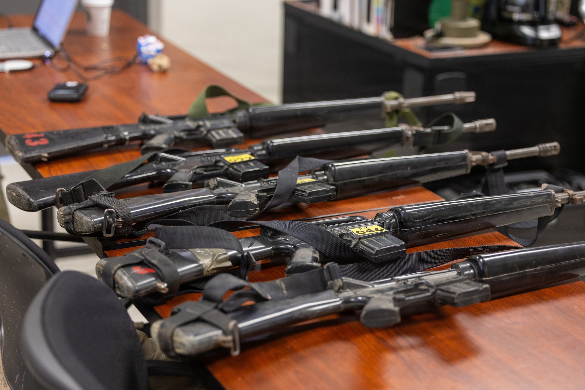 Mock M16 rifles lay on a table during Prime Base Engineer Emergency Force (BEEF) week 2026 at the Regional Training Site, New London, N.C., Feb. 23-27, 2026.