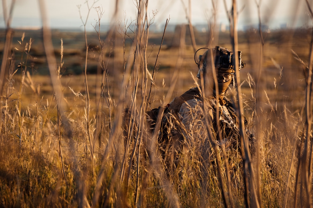 A U.S. Marine with Lima Company, Battalion Landing Team 3/5, 11th Marine Expeditionary Unit, provides security during an amphibious assault on Marine Corps Base Camp Pendleton, California, March 2, 2026. The 11th MEU is currently underway aboard the Boxer Amphibious Ready Group in the U.S. 3rd Fleet area of operations conducting integrated training that enhances lethality and warfighting readiness. (U.S. Marine Corps photo by Lance Cpl. Luke Rodriguez)