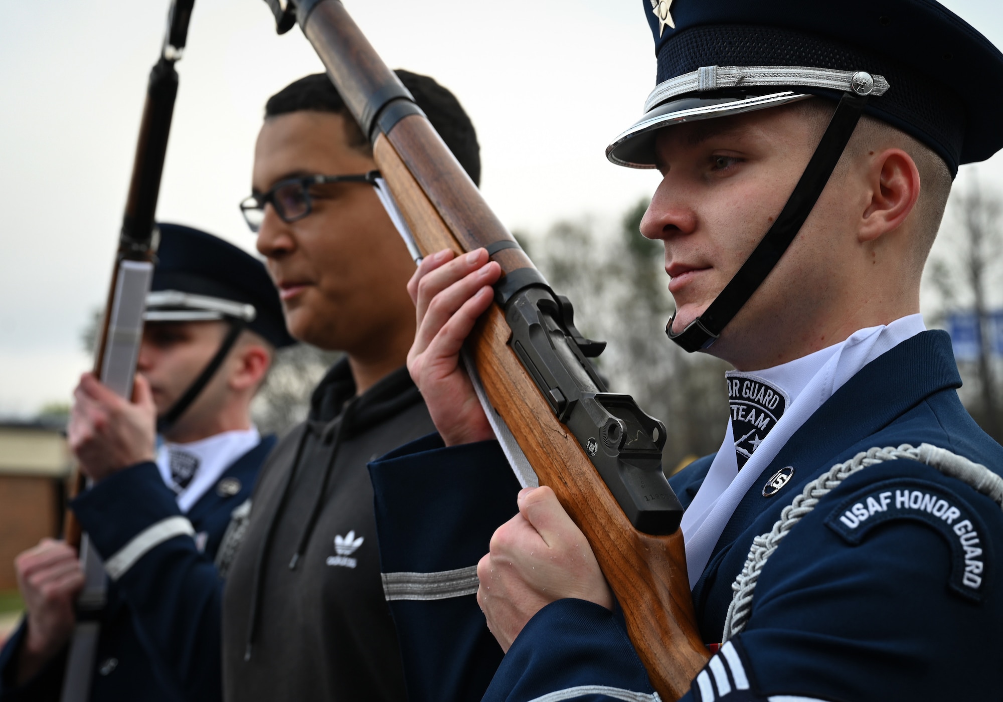 The U.S. Air Force Honor Guard Drill Team performs a routine during a visit to Campbell High School in Smyrna, Ga., March 11, 2026. The Drill Team traveled to Georgia to perform for six high schools, a community event, and during a halftime show for the NBA’s Atlanta Hawks. (U.S. Air Force photo by Tech. Sgt. Sergio A. Gamboa)
