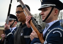 The U.S. Air Force Honor Guard Drill Team performs a routine during a visit to Campbell High School in Smyrna, Ga., March 11, 2026. The Drill Team traveled to Georgia to perform for six high schools, a community event, and during a halftime show for the NBA’s Atlanta Hawks. (U.S. Air Force photo by Tech. Sgt. Sergio A. Gamboa)
