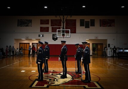 The U.S. Air Force Honor Guard Drill Team performs a routine during a visit to Ronald McNair Sr. High School in Atlanta, Ga., March 11, 2026. During the event, the Drill Team worked with local recruiters and high schools to emphasize the Air Force mission and inspire the next generation of service members. (U.S. Air Force photo by Tech. Sgt. Sergio A. Gamboa)