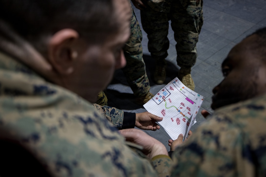 U.S. Marines with 6th Engineer Support Battalion, 4th Marine Logistics Group, Marine Forces Reserve, review a fuel site layout in Elvegårdsmoen, Norway, Feb. 11, 2026. The review was part of the unit's preparation for exercise Cold Response 26. A key component of NATO's enhanced vigilance activity Arctic Sentry, exercise Cold Response 26 is a Norwegian-led winter military exercise designed to enhance collective defense capabilities and ensure U.S. readiness to rapidly deploy and seamlessly operate alongside NATO Allies in challenging arctic conditions. (U.S. Marine Corps photo by Staff Sgt. Scott Jenkins)