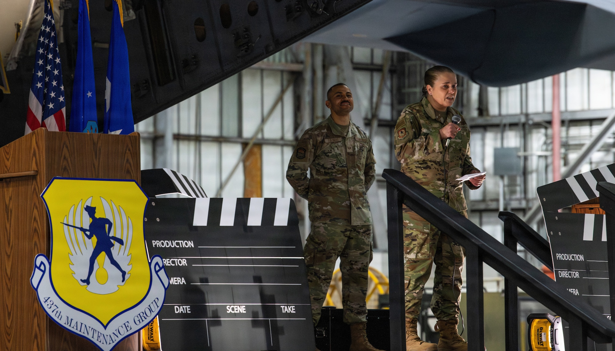 Distinguished speaker, U.S. Air Force Lt. Gen. Linda Hurry, commander of Air Force Materiel Command, speaks on stage at the 5th annual Knucklebuster Award ceremony.