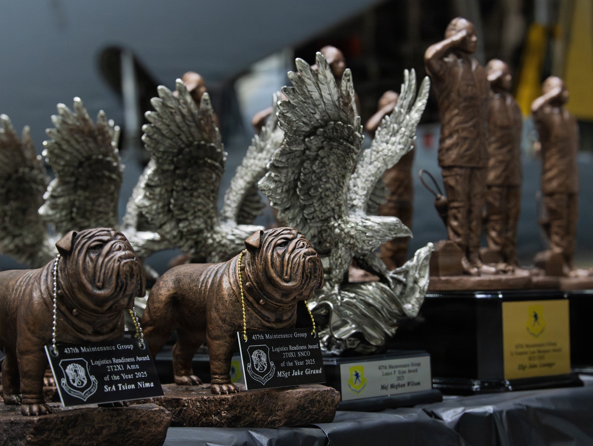 A display of various trophies given to the winners for the 5th annual Knucklebuster Awards ceremony.