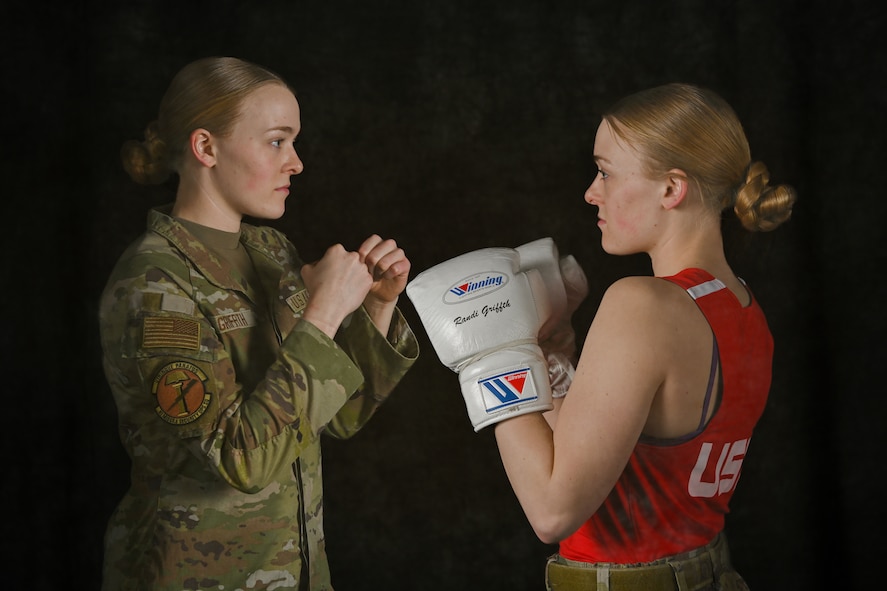 A photo illustration showing U.S. Air Force Airman 1st Class Randi Griffith, 91st Missile Security Operation Squadron tactical response force member, posing in uniform and boxing gear at Minot Air Force Base, North Dakota, Feb. 27, 2026. Griffith is a nationally competitive boxer who competed in Silver Gloves, Junior Olympic and USA Boxing national-level tournaments.