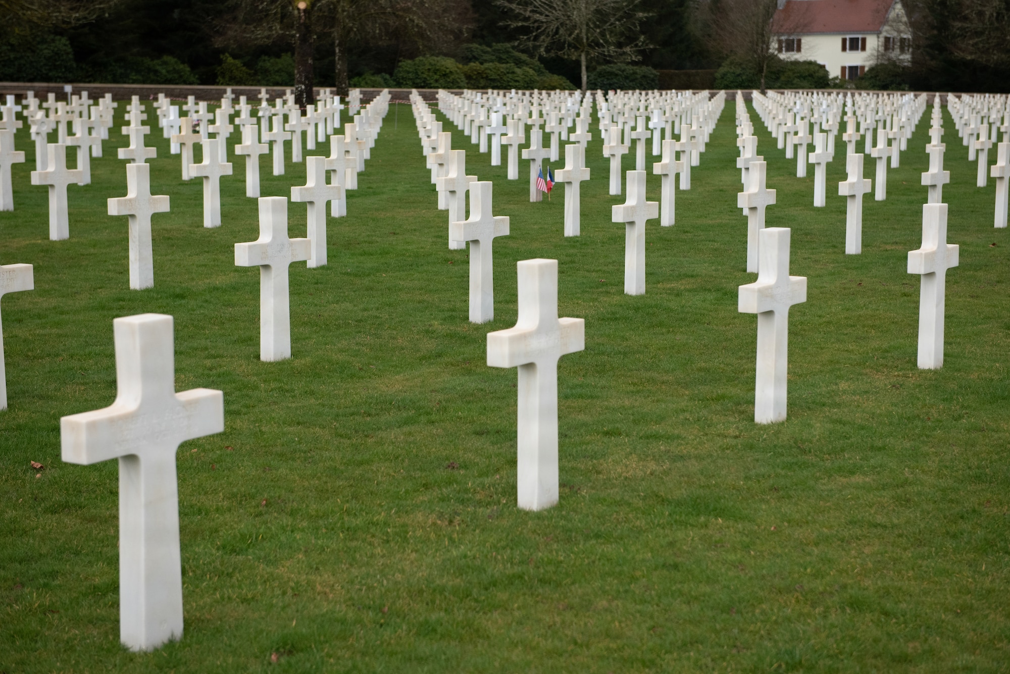 Photo shows a field of white crosses marking graves at an American cemetery in France.