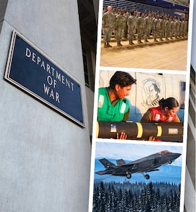 In a graphic, three photographs are stacked next to the Department of War sign on a building.