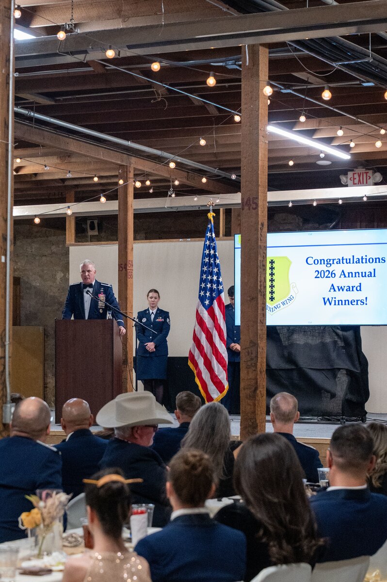 U.S. Air Force Col. Matthew Norton, 17th Training Wing commander, speaks during the Annual Awards ceremony at the Ft. Concho Stables, San Angelo, Texas, Feb. 27, 2026. Norton spoke on the importance of all the hard work that Team Goodfellow has contributed to national security. (U.S. Air Force photo by Senior Airman James Salellas)