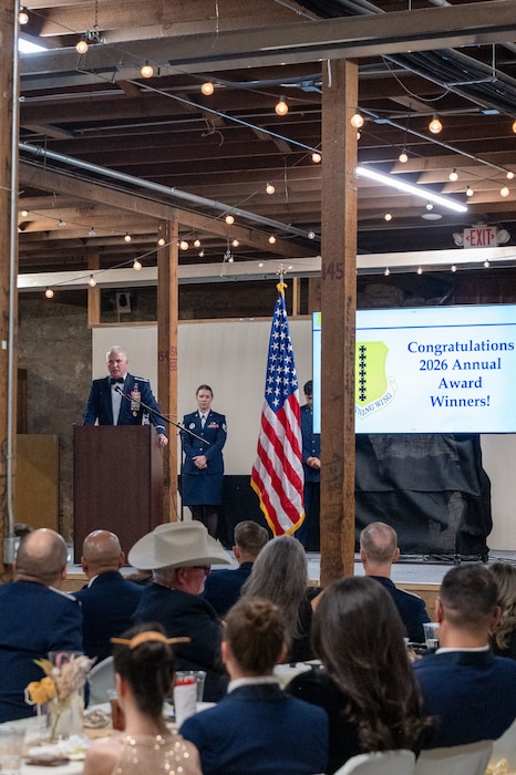 U.S. Air Force Col. Matthew Norton, 17th Training Wing commander, speaks during the Annual Awards ceremony at the Ft. Concho Stables, San Angelo, Texas, Feb. 27, 2026. Norton spoke on the importance of all the hard work that Team Goodfellow has contributed to national security. (U.S. Air Force photo by Senior Airman James Salellas)