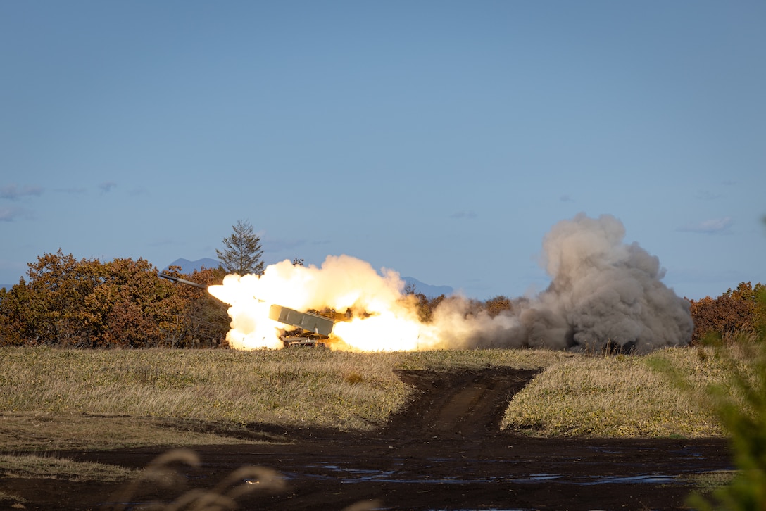 U.S. Marines with 3rd Battalion, 12th Marine Littoral Regiment, 3d Marine Division, U.S. Army Soldiers with 1st Battalion, 94th Field Artillery Regiment, 17th Brigade, and Japan Ground Self-Defense Force members utilize M142 High Mobility Artillery Rocket Systems and M270 Multiple Launch Rocket System launchers to execute fire missions during exercise Keen Sword 25 at the JGSDF Yausubetsu Training Area, Hokkaido, Japan, Oct. 24, 2024.