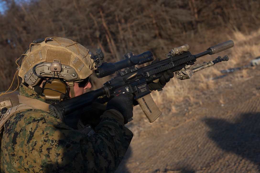 U.S. Marine Corps Sgt. Cody Overacker, a rifleman with 2nd Battalion, 7th Marines, forward deployed with 4th Marine Regiment, 3rd Marine Division as part of the Unit Deployment Program, engages targets during a live-fire range during Korea Viper 26.2 at Suesong-ri range in Pohang, South Korea, Feb. 19, 2026. Korea Viper is a recurring exercise series that demonstrates the Republic of Korea and U.S. Marine Corps' ability to respond decisively in the region as a singular, unified force while strengthening relationships and trust between the two allies. Overacker is a native of California. (U.S. Marine Corps photo by Lance Cpl. Tucker Mocan)