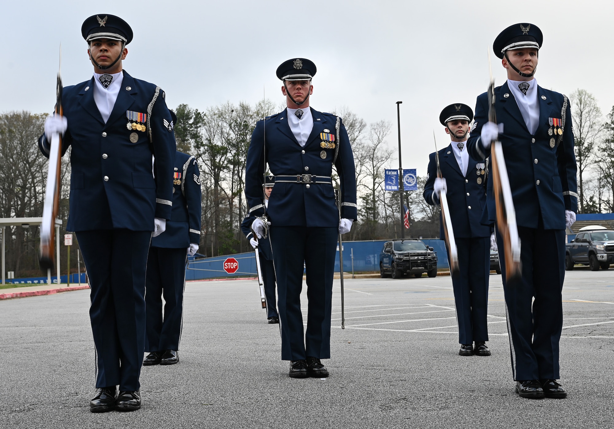 The U.S. Air Force Honor Guard Drill Team performs a routine during a visit to Campbell High School in Smyrna, Ga., March 11, 2026. The Drill Team traveled to Georgia to perform for six high schools, a community event, and during a halftime show for the NBA’s Atlanta Hawks. (U.S. Air Force photo by Tech. Sgt. Sergio A. Gamboa)