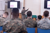 U.S. Marines with Combat Logistics Regiment 37, 3rd Marine Logistics Group, took part in a pre-deployment brief for Korean Marine Exchange Program 26.1 at Camp Kinser, Okinawa, Japan, Jan. 5, 2026. The brief gave Marines the opportunity to learn about financial advice, laws and the cultural differences they will experience during their time in Korea. (U.S. Marine Corps photo by Lance Cpl. Matthew Borruso)