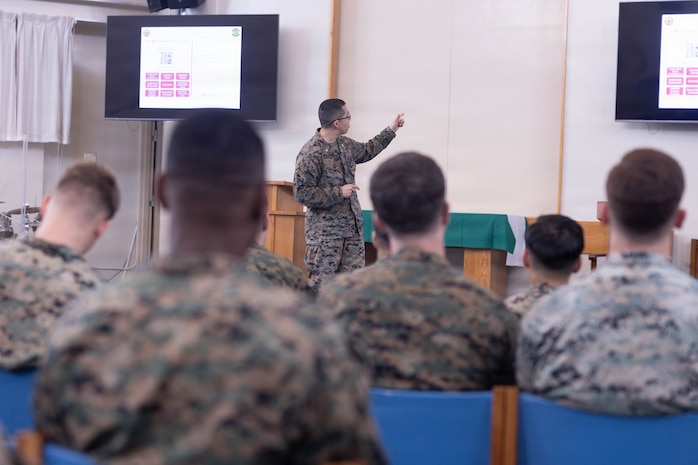 U.S. Marines with Combat Logistics Regiment 37, 3rd Marine Logistics Group, took part in a pre-deployment brief for Korean Marine Exchange Program 26.1 at Camp Kinser, Okinawa, Japan, Jan. 5, 2026. The brief gave Marines the opportunity to learn about financial advice, laws and the cultural differences they will experience during their time in Korea. (U.S. Marine Corps photo by Lance Cpl. Matthew Borruso)