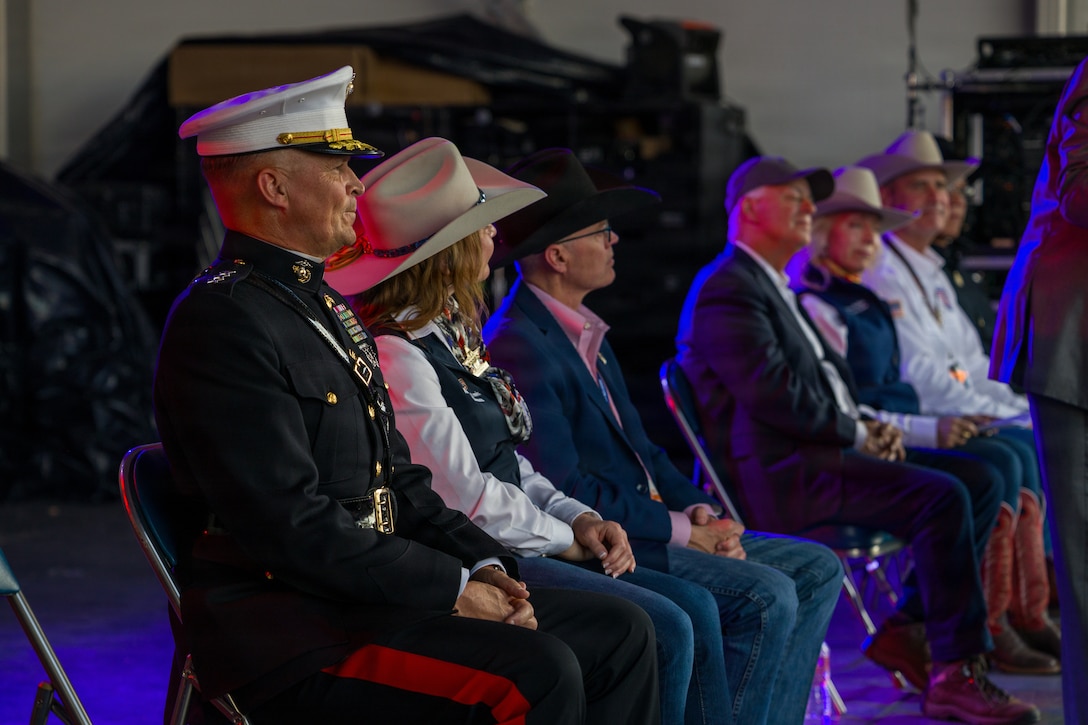 U.S. Marine Corps Lt. Gen. Leonard F. Anderson IV, commander of Marine Forces Reserve and Marine Forces South, stands by to present a speech at the Houston Livestock Show and Rodeo Armed Forces Appreciation Day in Houston, March 4, 2026. Armed Forces Appreciation Day honored nearly 4,000 military personnel and veterans, including a joint service enlistment ceremony for approximately 500 recruits. (U.S. Marine Corps photo by SSgt. Ethan M. LeBlanc)