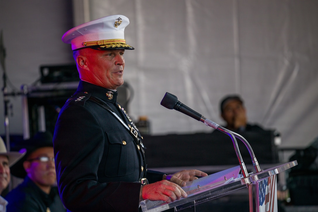 U.S. Marine Corps Lt. Gen. Leonard F. Anderson IV, commander of Marine Forces Reserve and Marine Forces South, gives a speech at the Houston Livestock Show and Rodeo Armed Forces Appreciation Day in Houston, March 4, 2026. Armed Forces Appreciation Day honored nearly 4,000 military personnel and veterans, including a joint service enlistment ceremony for approximately 500 recruits. (U.S. Marine Corps photo by SSgt. Ethan M. LeBlanc)