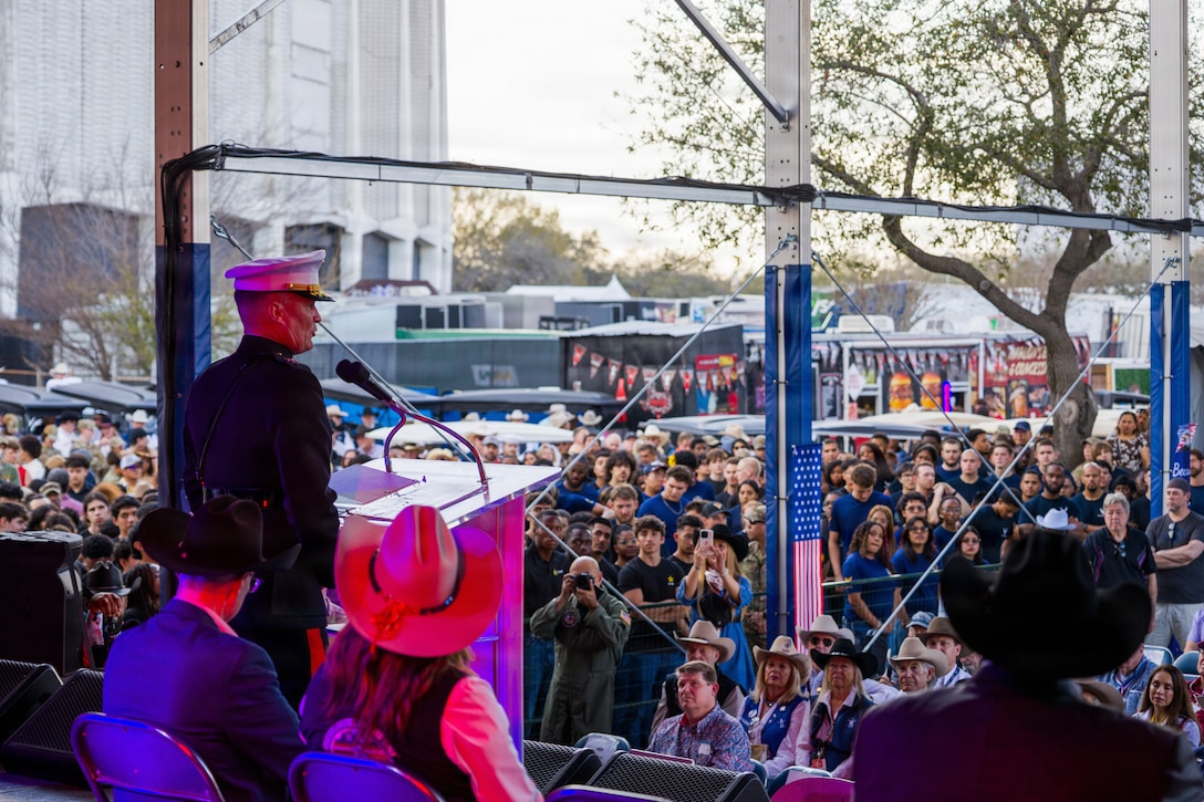 U.S. Marine Corps Lt. Gen. Leonard F. Anderson IV, commander of Marine Forces Reserve and Marine Forces South, gives a speech at the Houston Livestock Show and Rodeo Armed Forces Appreciation Day prior to a joint service enlistment ceremony in Houston, March 4, 2026. Armed Forces Appreciation Day honored nearly 4,000 military personnel and veterans, including a joint service enlistment ceremony for approximately 500 recruits. (U.S. Marine Corps photo by SSgt. Ethan M. LeBlanc)