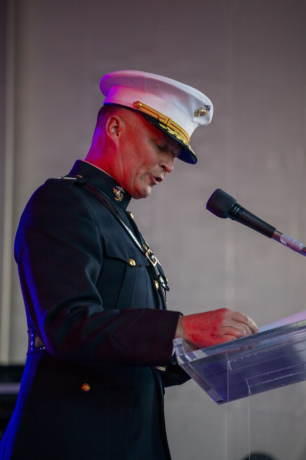 U.S. Marine Corps Lt. Gen. Leonard F. Anderson IV, commander of Marine Forces Reserve and Marine Forces South, gives a speech at the Houston Livestock Show and Rodeo Armed Forces Appreciation Day in Houston, March 4, 2026. Armed Forces Appreciation Day honored nearly 4,000 military personnel and veterans, including a joint service enlistment ceremony for approximately 500 recruits. (U.S. Marine Corps photo by SSgt. Ethan M. LeBlanc)