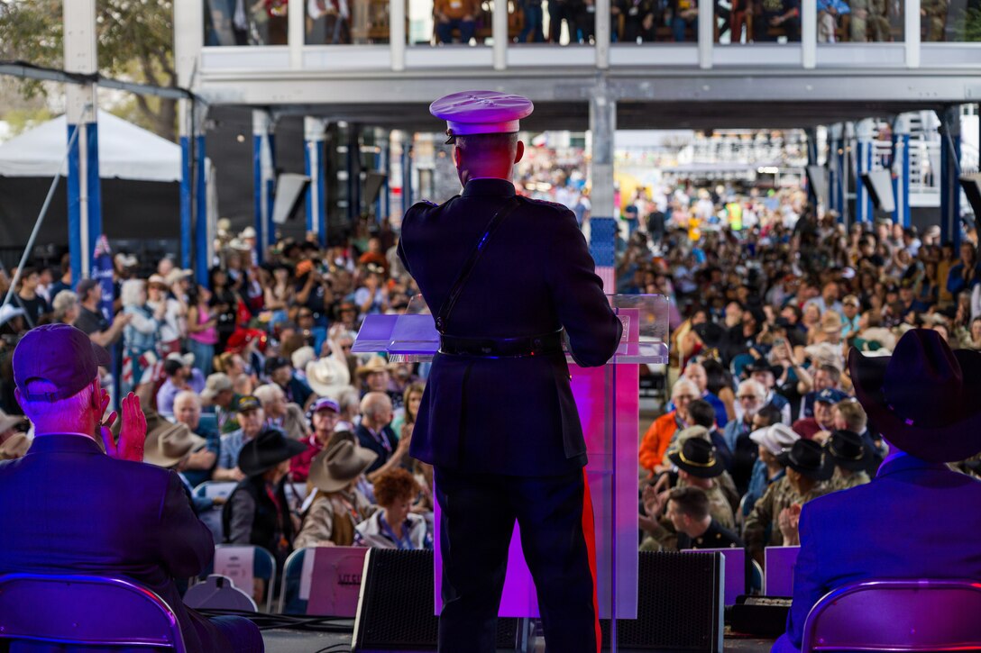 U.S. Marine Corps Lt. Gen. Leonard F. Anderson IV, commander of Marine Forces Reserve and Marine Forces South, gives a speech at the Houston Livestock Show and Rodeo Armed Forces Appreciation Day in Houston, March 4, 2026. Armed Forces Appreciation Day honored nearly 4,000 military personnel and veterans, including a joint service enlistment ceremony for approximately 500 recruits. (U.S. Marine Corps photo by SSgt. Ethan M. LeBlanc)